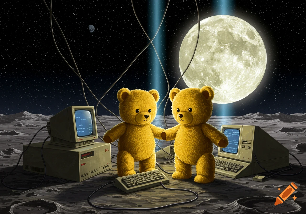 Two yellow teddy bears stand hand-in-hand on a moon surface, surrounded by vintage computers and wires, under a large full moon and starry sky.