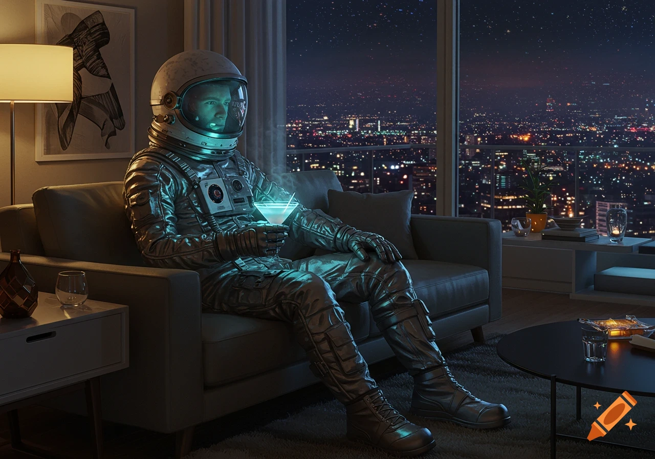 A photorealistic astronaut sits on a couch with a glowing drink, looking at a city skyline and starry night sky from a modern living room.