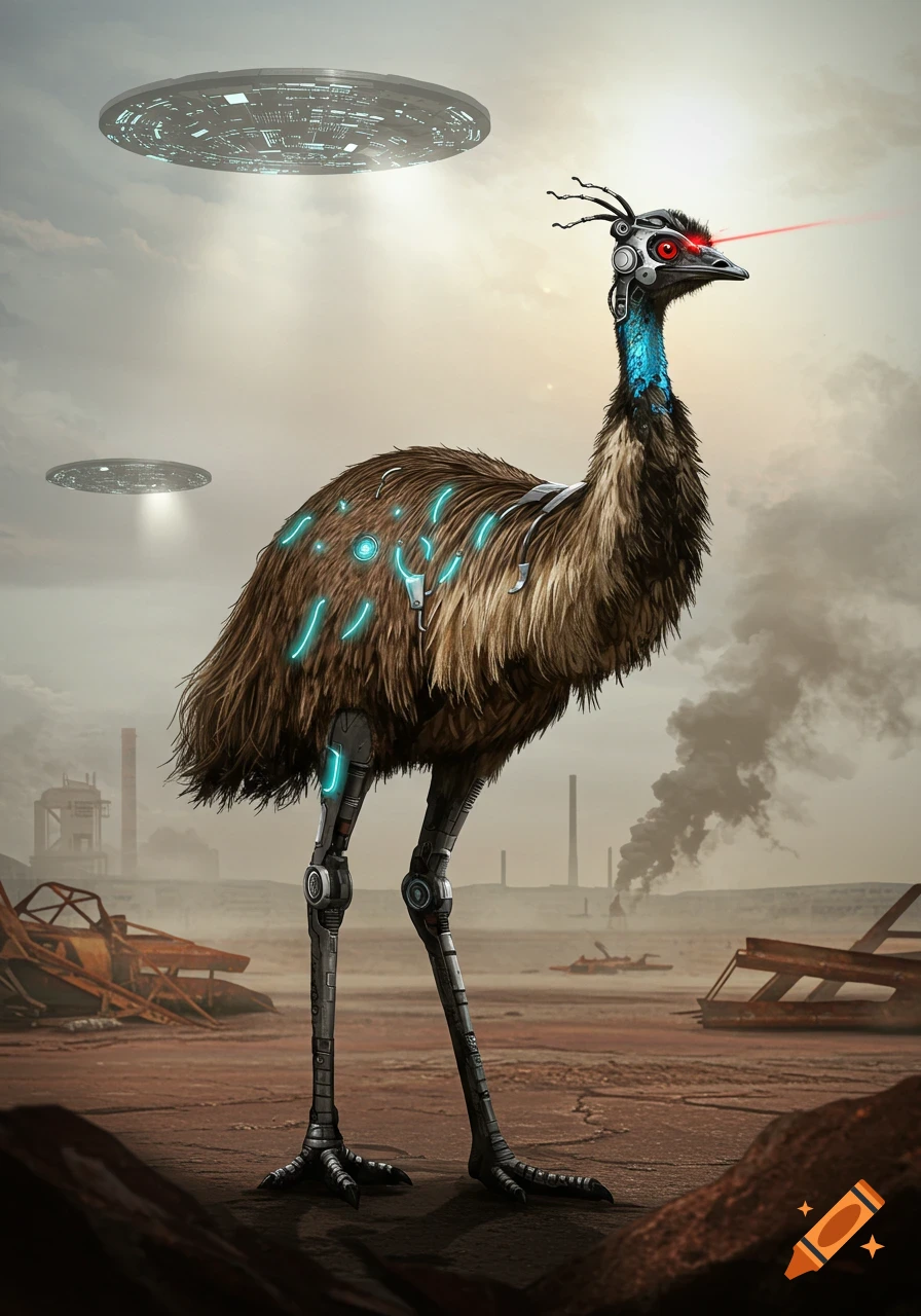 A cyborg emu with red laser eyes and robotic parts stands in a desolate industrial wasteland under a sky with two UFOs.