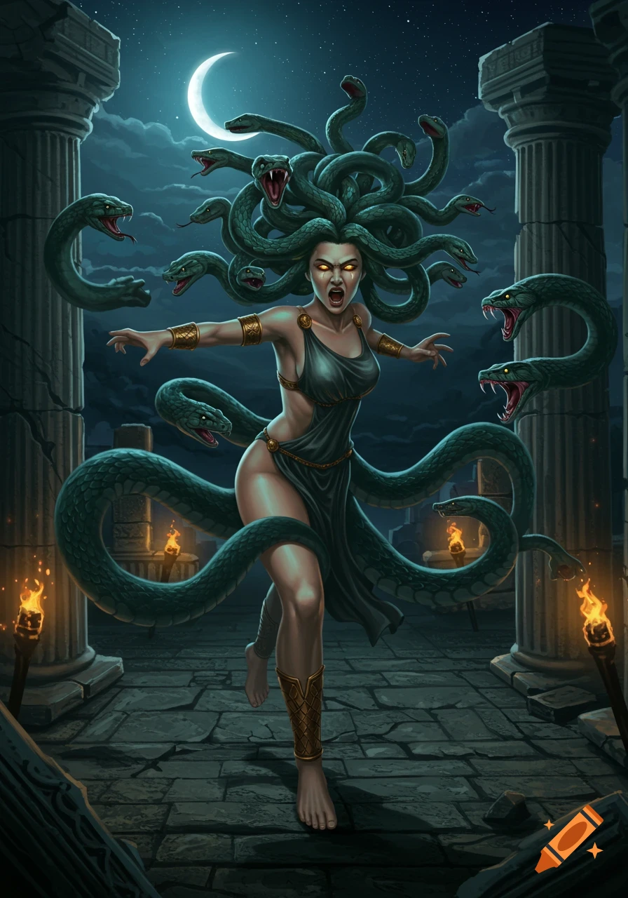 Furious Medusa with glowing eyes and hissing snakes for hair, running through moonlit ancient ruins with burning torches.