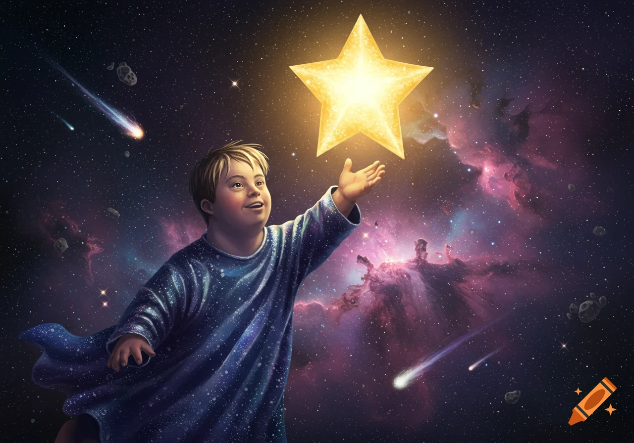 An illustrated child with Down syndrome reaches for a glowing golden star in a vibrant deep space filled with nebulae and meteors.