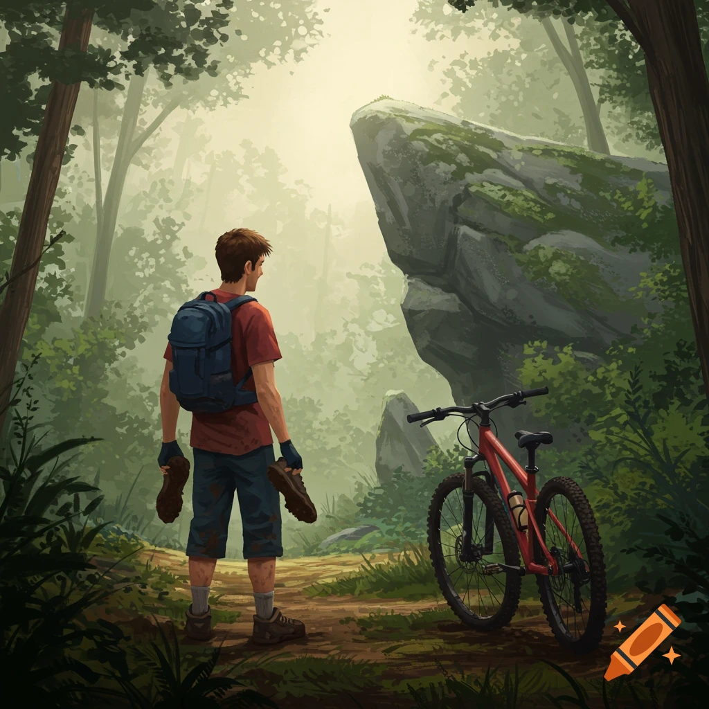 An illustration of a man with a backpack standing on a forest path, holding shoes, looking towards large rocks and a misty background, with a red mountain bike beside him.