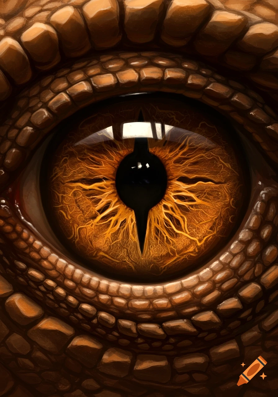 Close-up of a detailed brown dragon's eye with a glowing orange iris and vertical pupil, surrounded by textured scales.