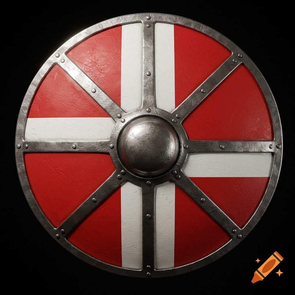 A round, red and white shield with a central steel boss and an iron rim, set against a black background.