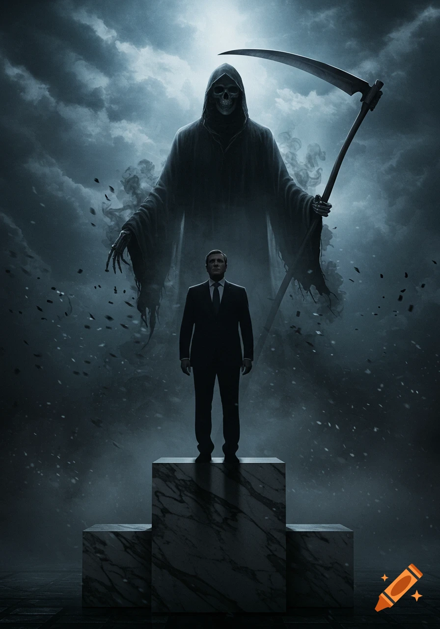 A man in a suit stands on a marble podium, as a giant, shadowy Grim Reaper with a scythe looms behind him in a dark, dramatic scene.