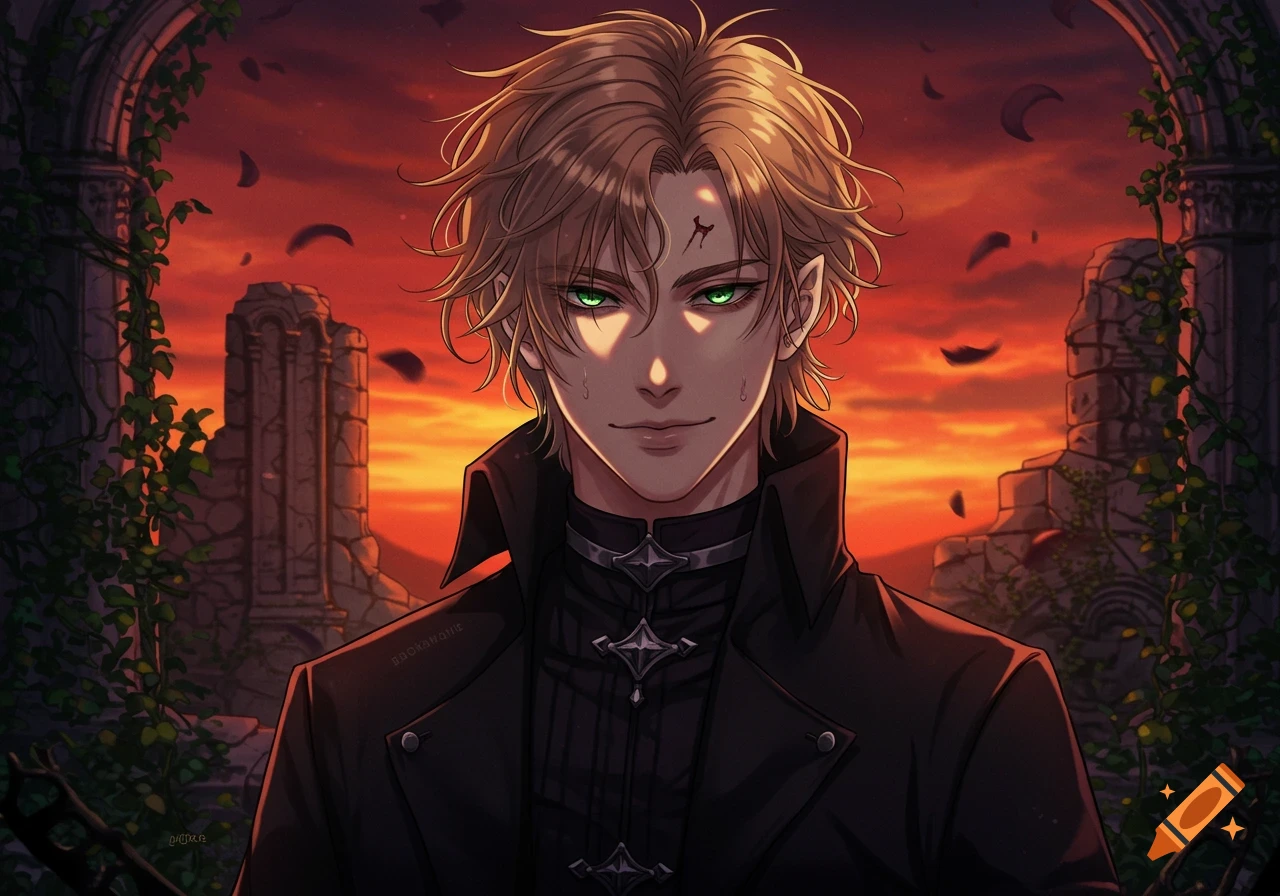 An anime man with messy dirty blond hair, glowing green eyes, and pointed ears, wearing a black coat, stands against a fiery sunset sky with ancient ruins and vines.