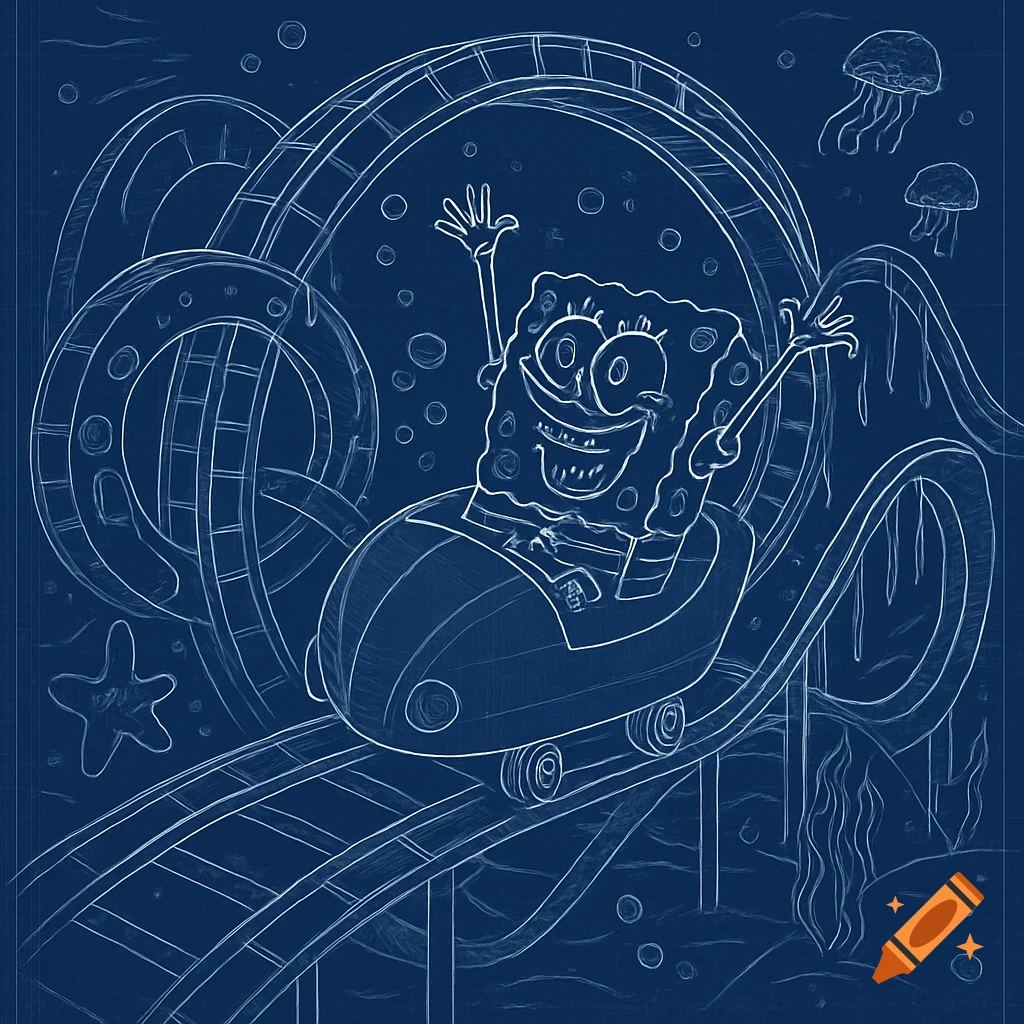 Spongebob Squarepants rides a roller coaster underwater, drawn in a white-on-blue blueprint style.