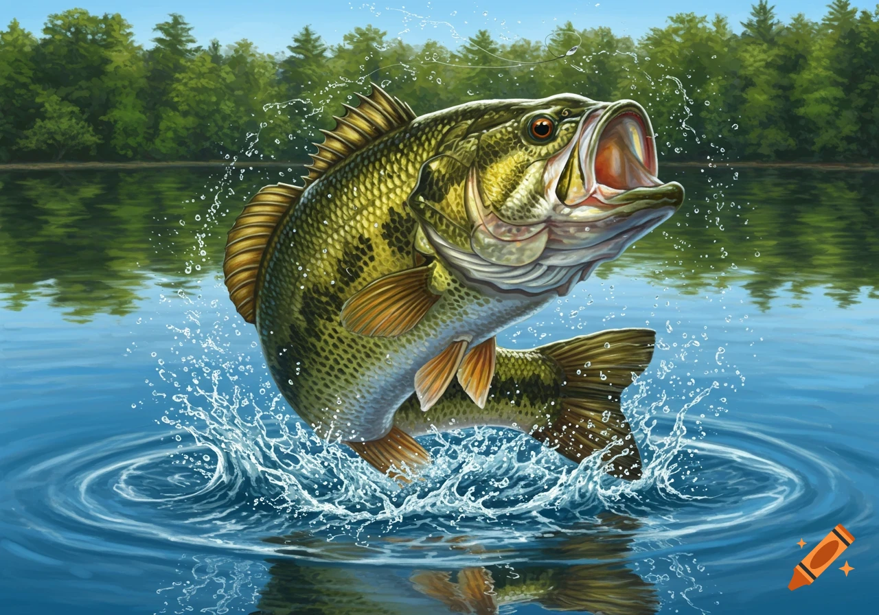 A vibrant largemouth bass leaps from the water, creating splashes, against a backdrop of green trees. Realistic illustration.