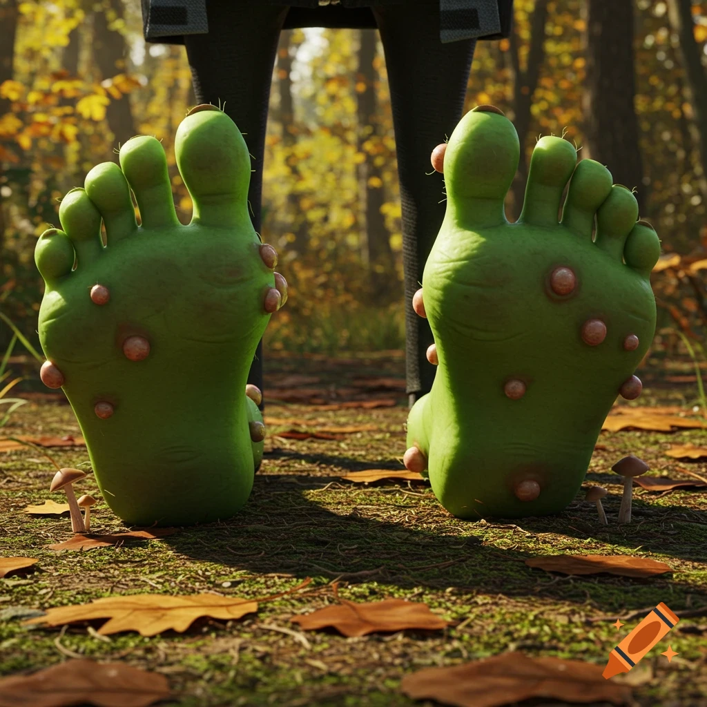 Two large, green, warty feet stand on a dirt path in a forest with autumn leaves and mushrooms.
