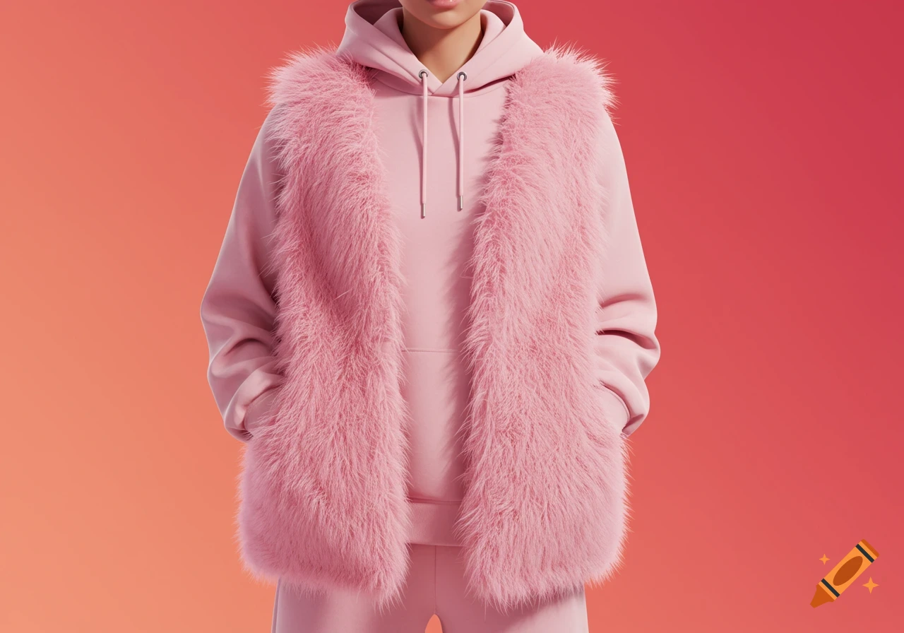 A person in a pink hoodie and a fluffy pink vest against a gradient pink and orange background.