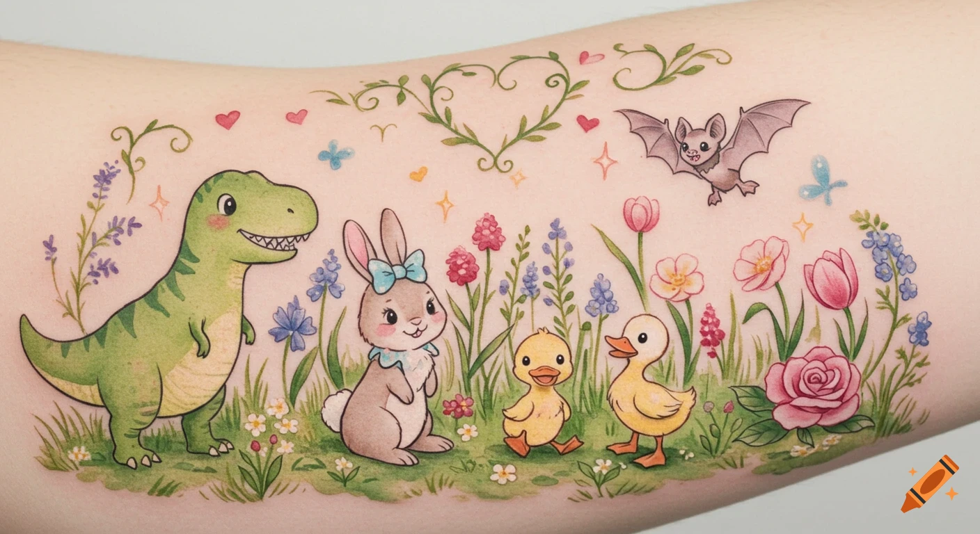 A whimsical watercolor tattoo on an arm, featuring a friendly T-Rex, a bunny, two ducklings, and a bat among wildflowers and vines, with hearts.