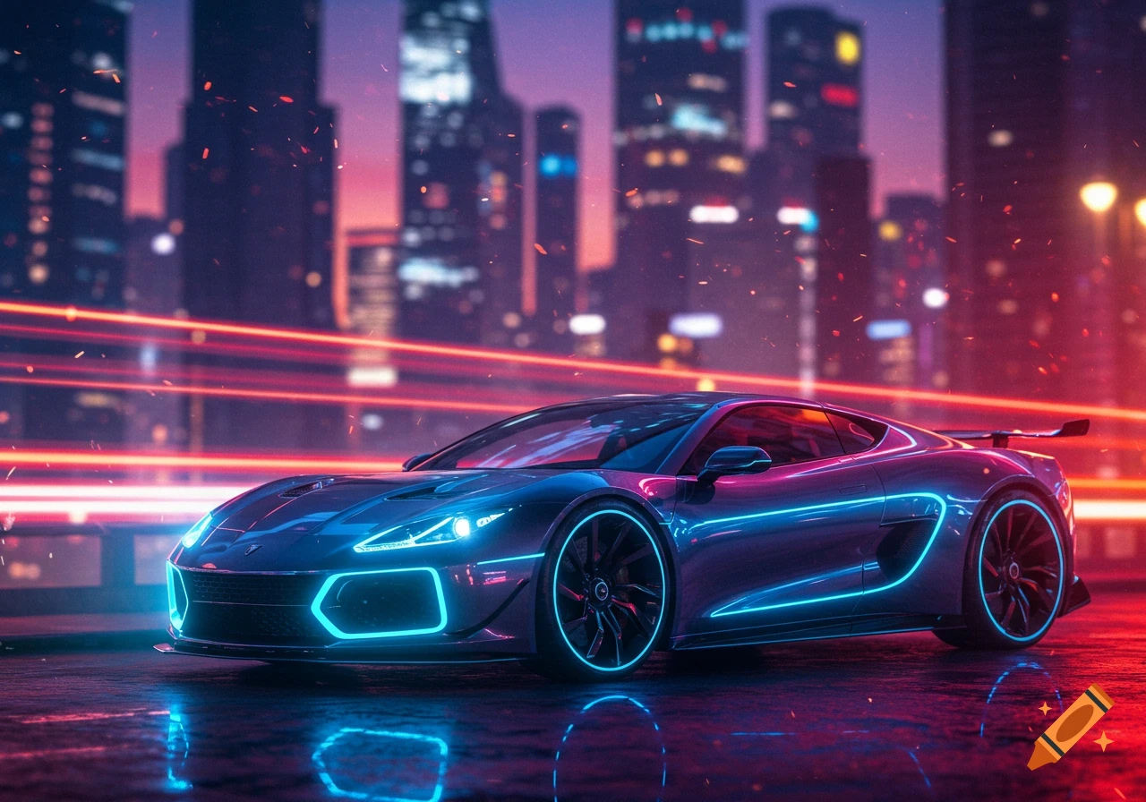 A sleek, futuristic sports car with neon blue lights parked on a wet city street at night, with a cyberpunk cityscape and red light trails in the background.