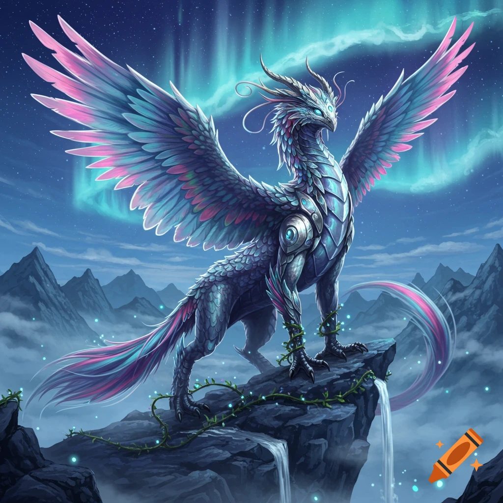 A majestic winged creature with blue and pink feathers and scales stands on a rocky cliff under a vibrant aurora borealis sky.