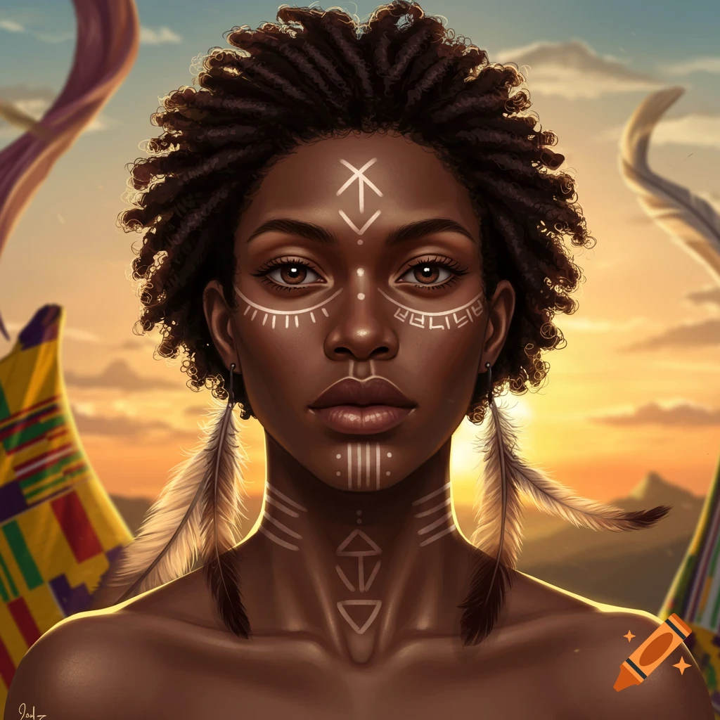 A beautiful woman with dark skin, dreadlocks, and white tribal-style face and body paint, wearing feather earrings, against a sunset backdrop.