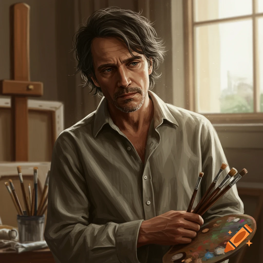 A realistic portrait of a thoughtful man, an artist, holding paintbrushes and a palette in his studio.