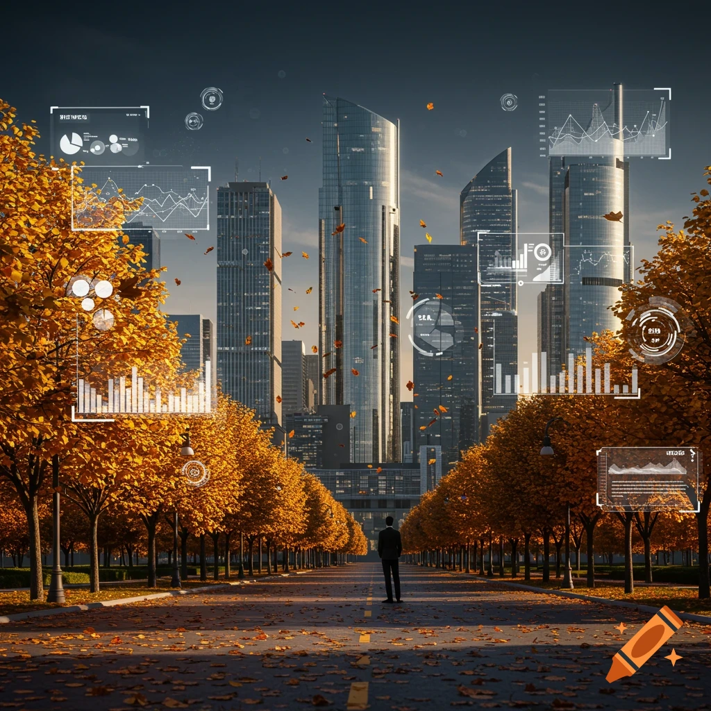 A man stands on an autumn road lined with trees, looking towards a modern cityscape augmented with holographic data displays.