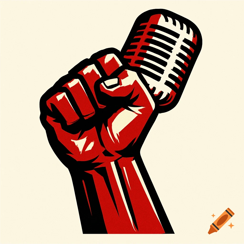 Stylized red and black illustration of a raised fist holding a vintage microphone, in the style of a Soviet poster.