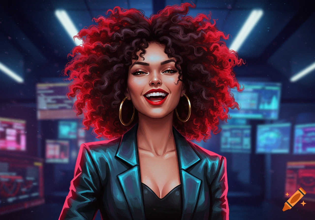 Stylized digital portrait of a confident woman with wild red and black curls, red lipstick, smiling before glowing digital screens.