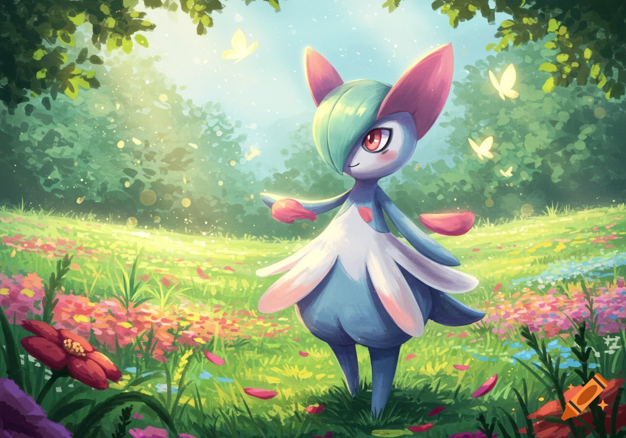 Kirlia, a blue and white Pokémon with pink ears and hands, stands in a bright, sun-dappled flower meadow.