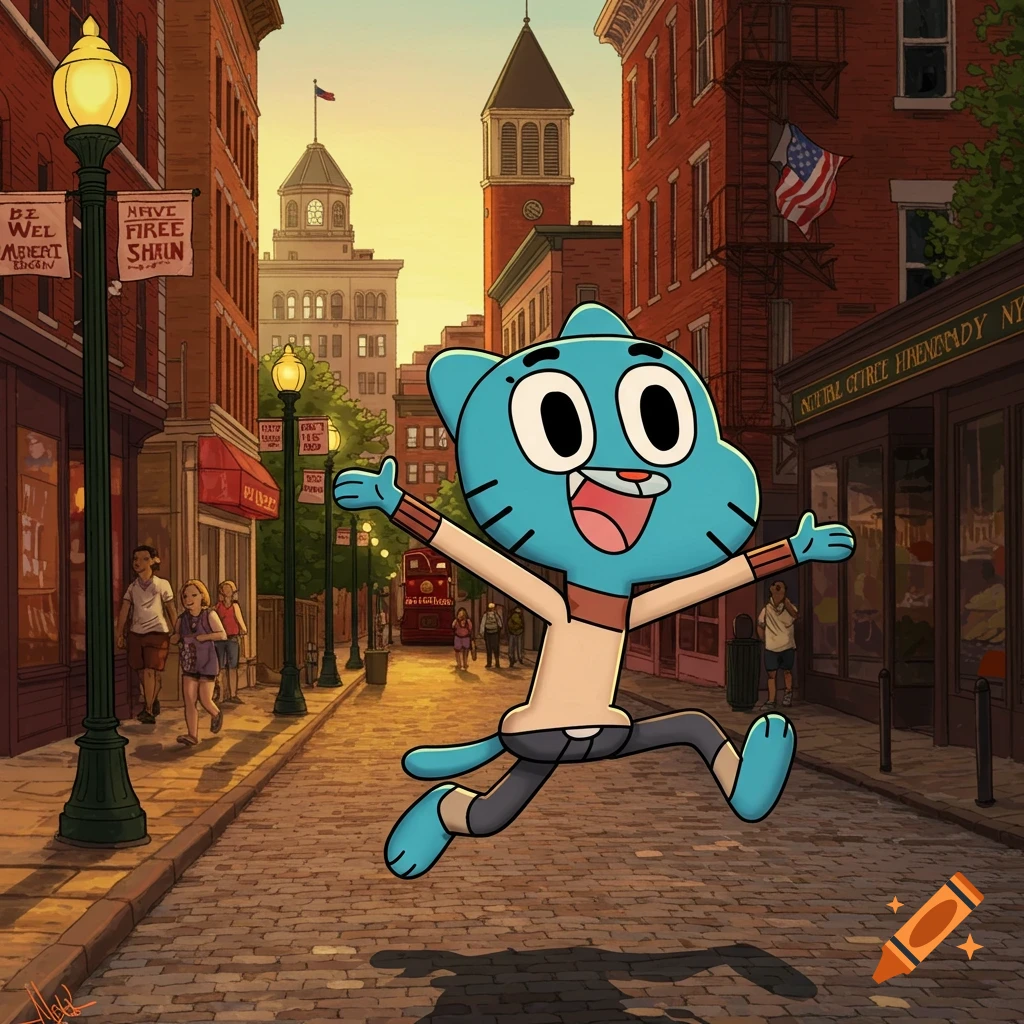 Gumball Watterson, a blue cat-like cartoon character, jumps happily in a sunlit city street with brick buildings and lampposts.