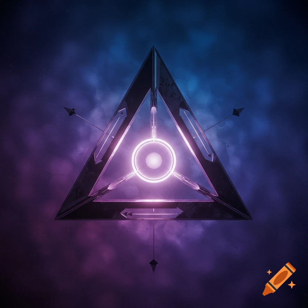 A glowing, dark geometric pyramid with internal light and arrows, set against a blue and purple nebula.