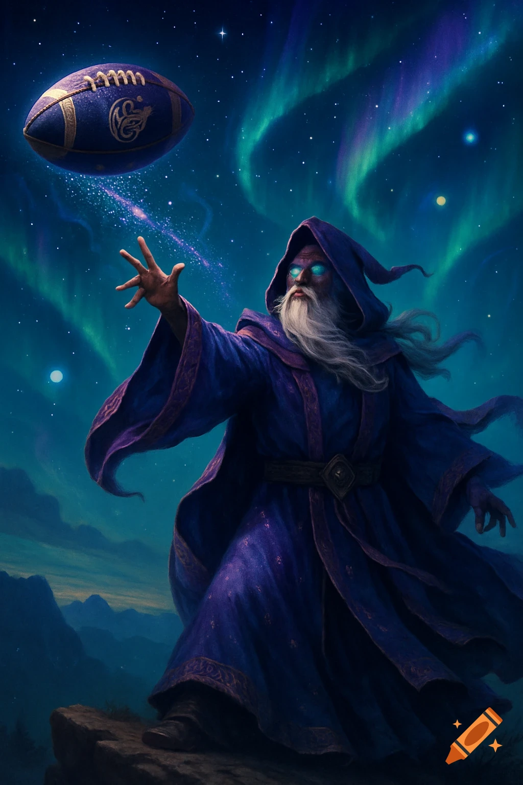 A wizard in a blue robe with a long white beard and glowing eyes, standing on a rock under the aurora borealis, conjuring a football in the night sky. Digital art.