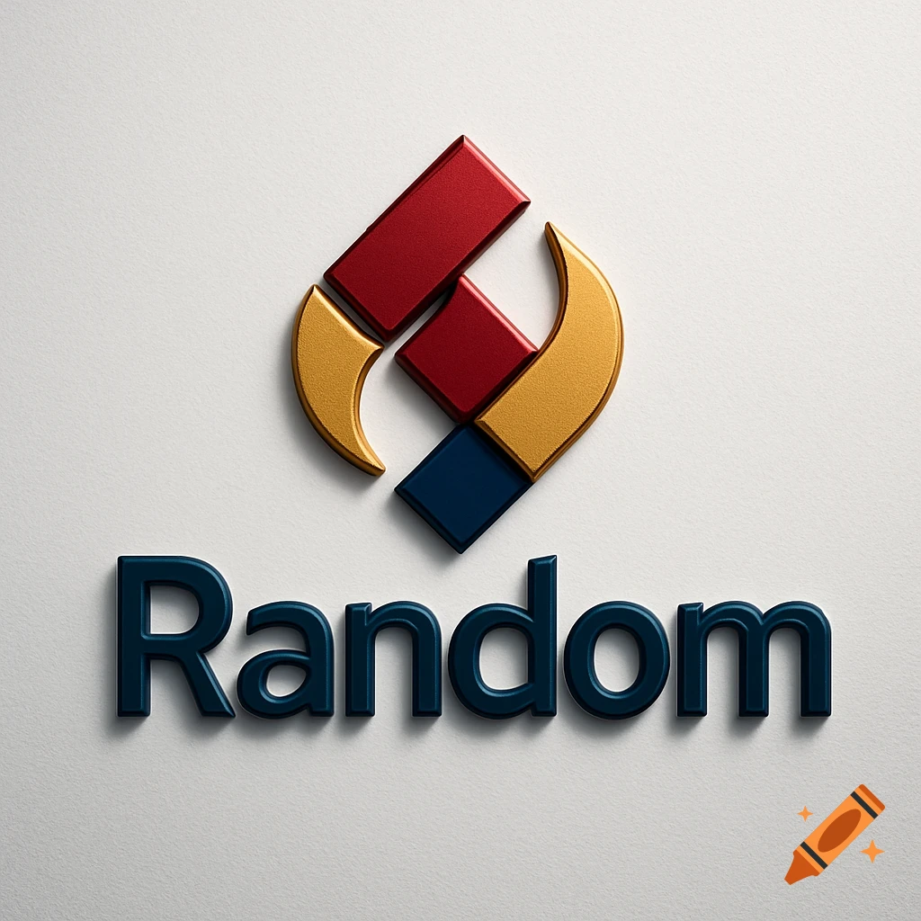 3D rendering of an abstract company logo with red, gold, and blue geometric shapes above the dark blue embossed word 'Random'.