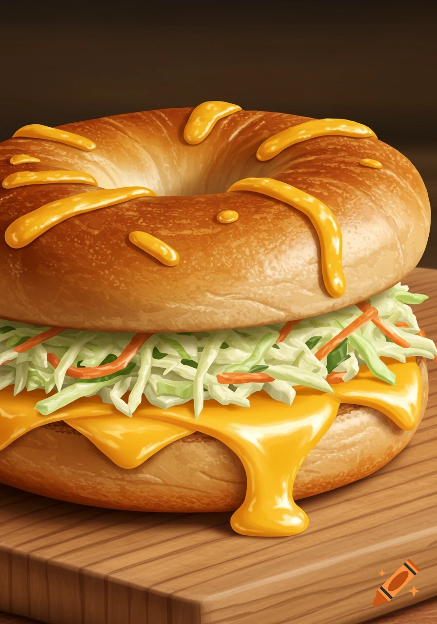 Close-up of a bagel sandwich filled with coleslaw and melted cheese, with more melted cheese drizzled on top, on a wooden board.
