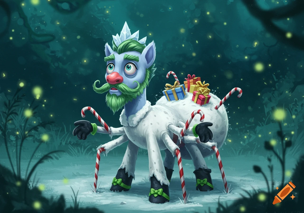 A whimsical, light blue pony-spider creature with a green beard, red nose, and ice crown stands in a snowy forest. It has candy cane legs, black shoes, and gifts on its back. Cartoon art style.