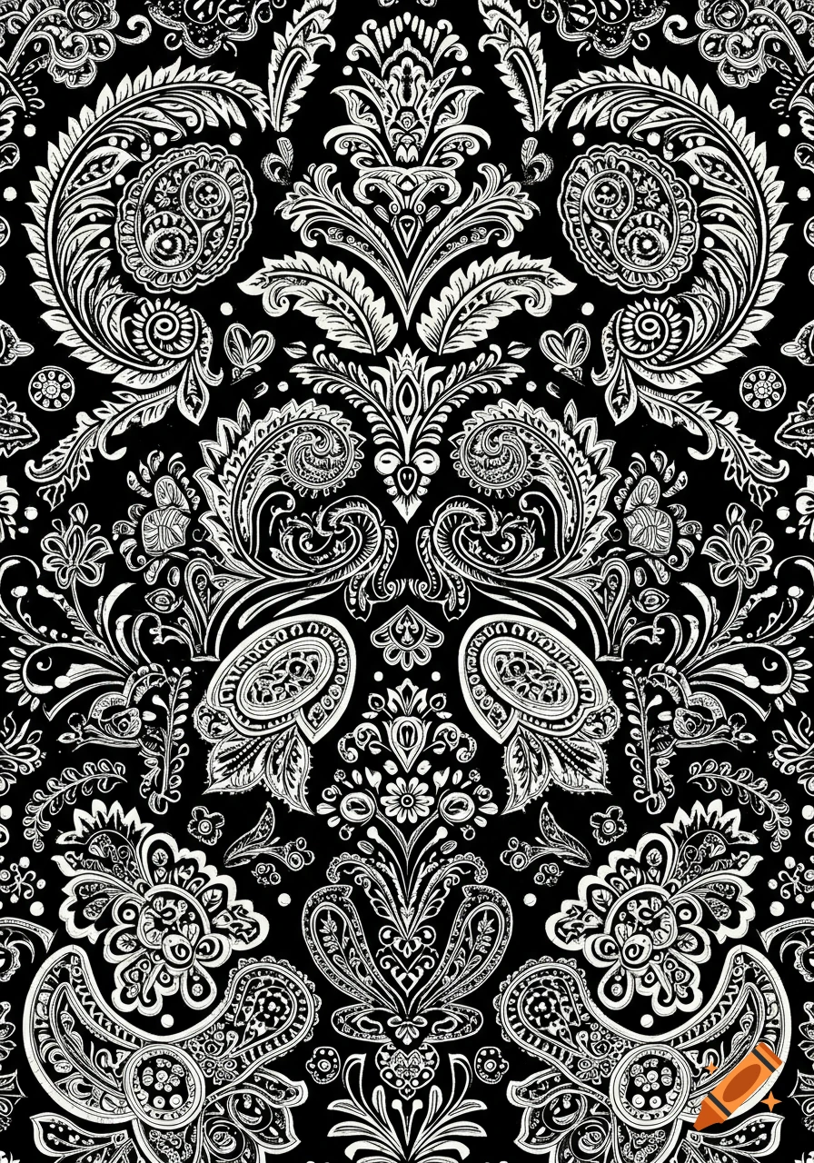 High-contrast black and white folk embroidery pattern with paisley, floral motifs, and lace rosettes.
