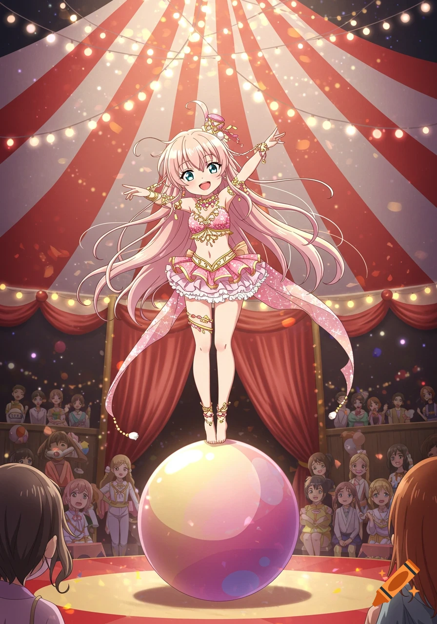 Cute anime girl acrobat balancing on a large colorful ball in a circus tent, wearing a pink and gold outfit.