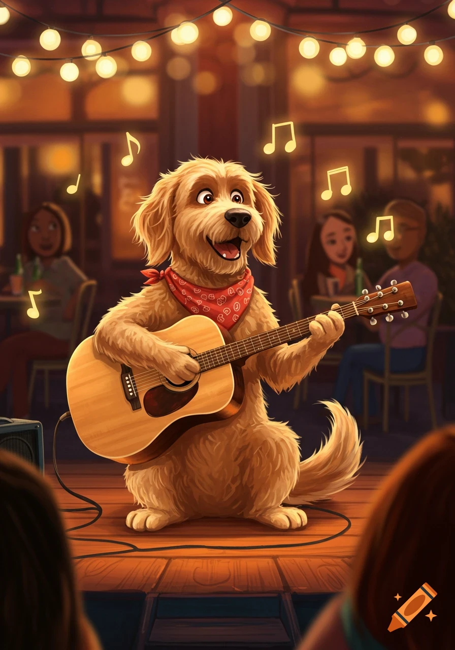A happy, cartoonish golden-brown dog plays an acoustic guitar and sings on a stage under warm string lights, with an audience in the blurred background.
