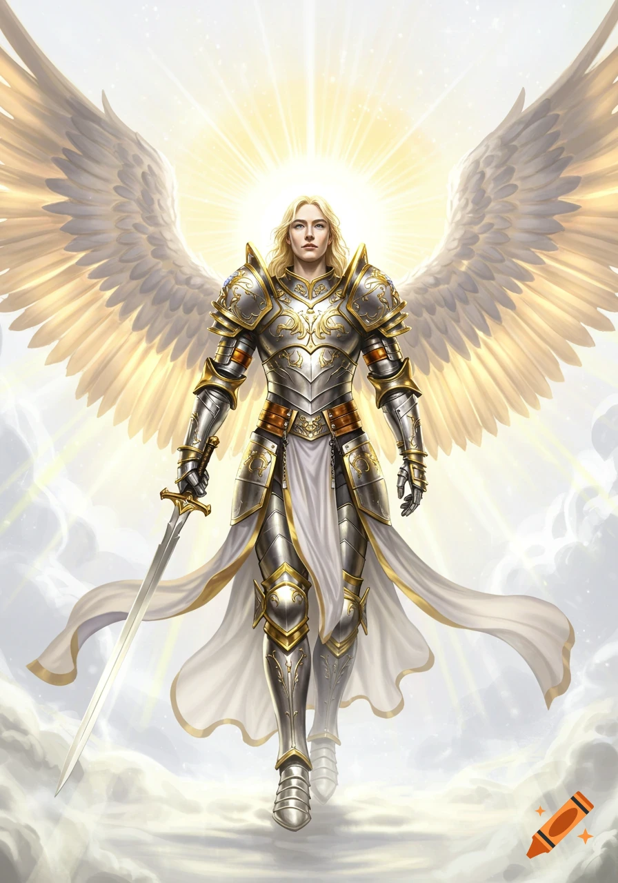 A majestic angel in shining silver and gold armor with large white wings, standing on clouds amidst a brilliant light.