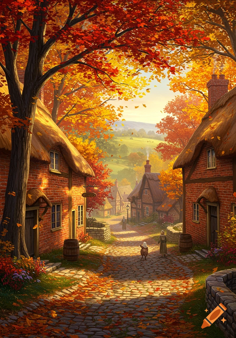 An illustrated autumn village scene with cobblestone paths, thatched-roof houses, and trees ablaze with red and yellow leaves. Two figures and a donkey walk down the path.