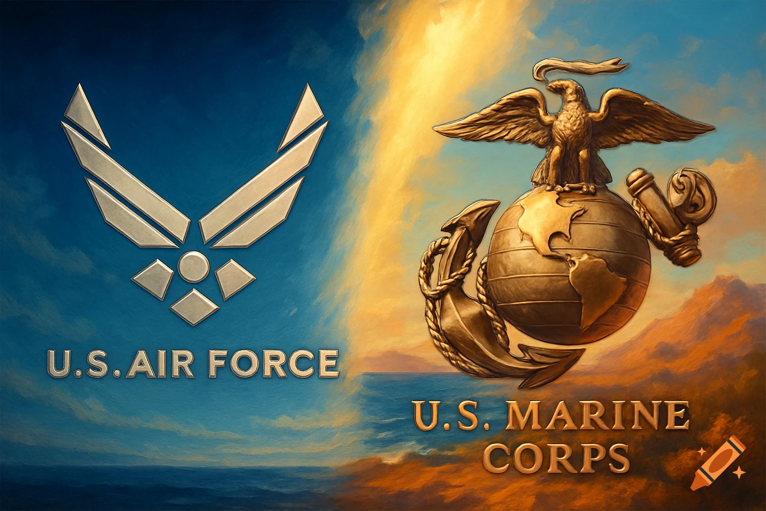 Painterly image split between the U.S. Air Force logo and text on blue, and the U.S. Marine Corps logo and text on gold.