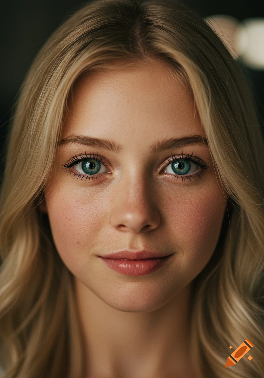 A close-up, photorealistic portrait of a blonde woman with striking blue eyes and a gentle smile.