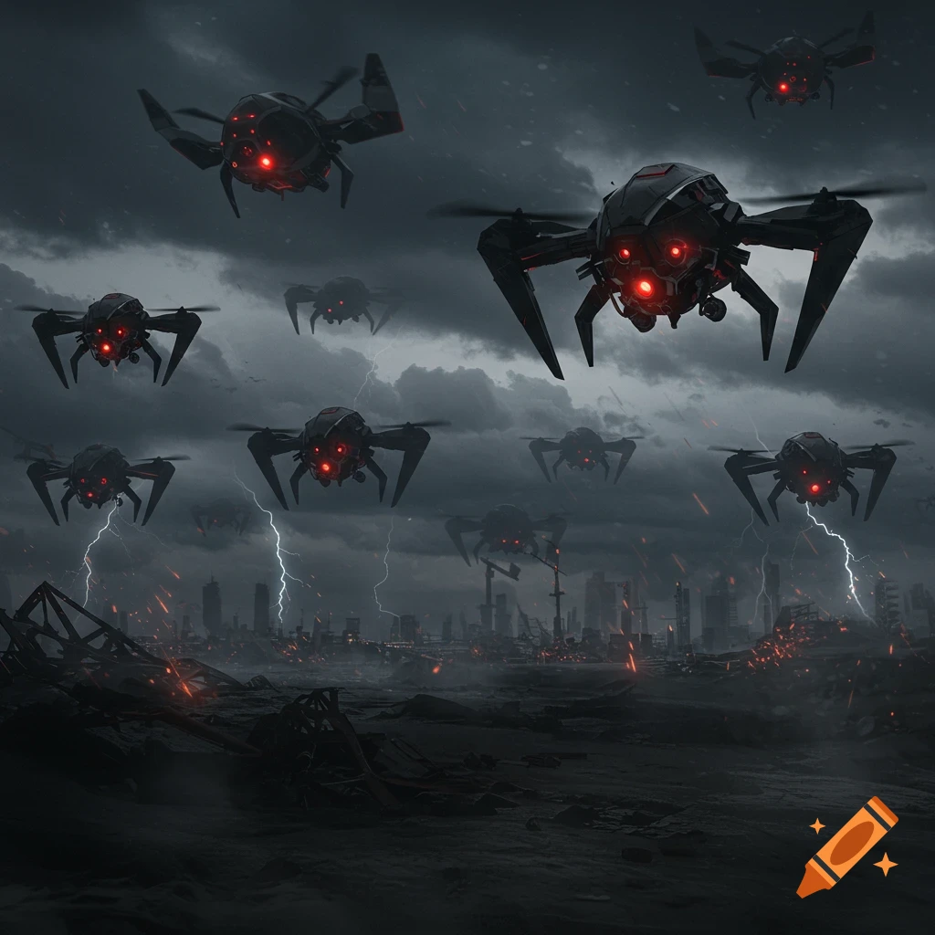 Menacing spider-like drones with red lights fly over a ruined, stormy dystopian city with lightning and explosions.