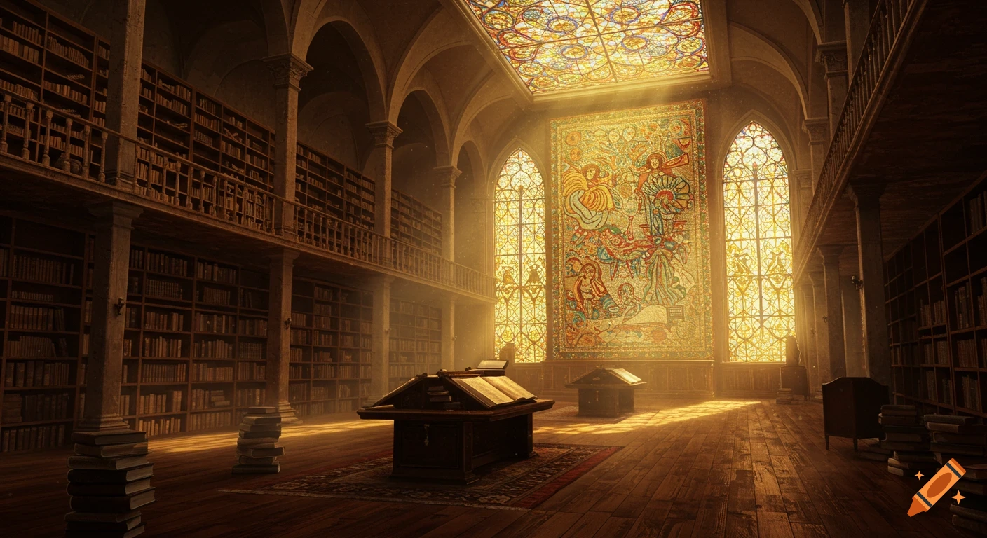 Grand ancient library interior with towering bookshelves. Golden light streams through large stained glass and a mosaic mural.