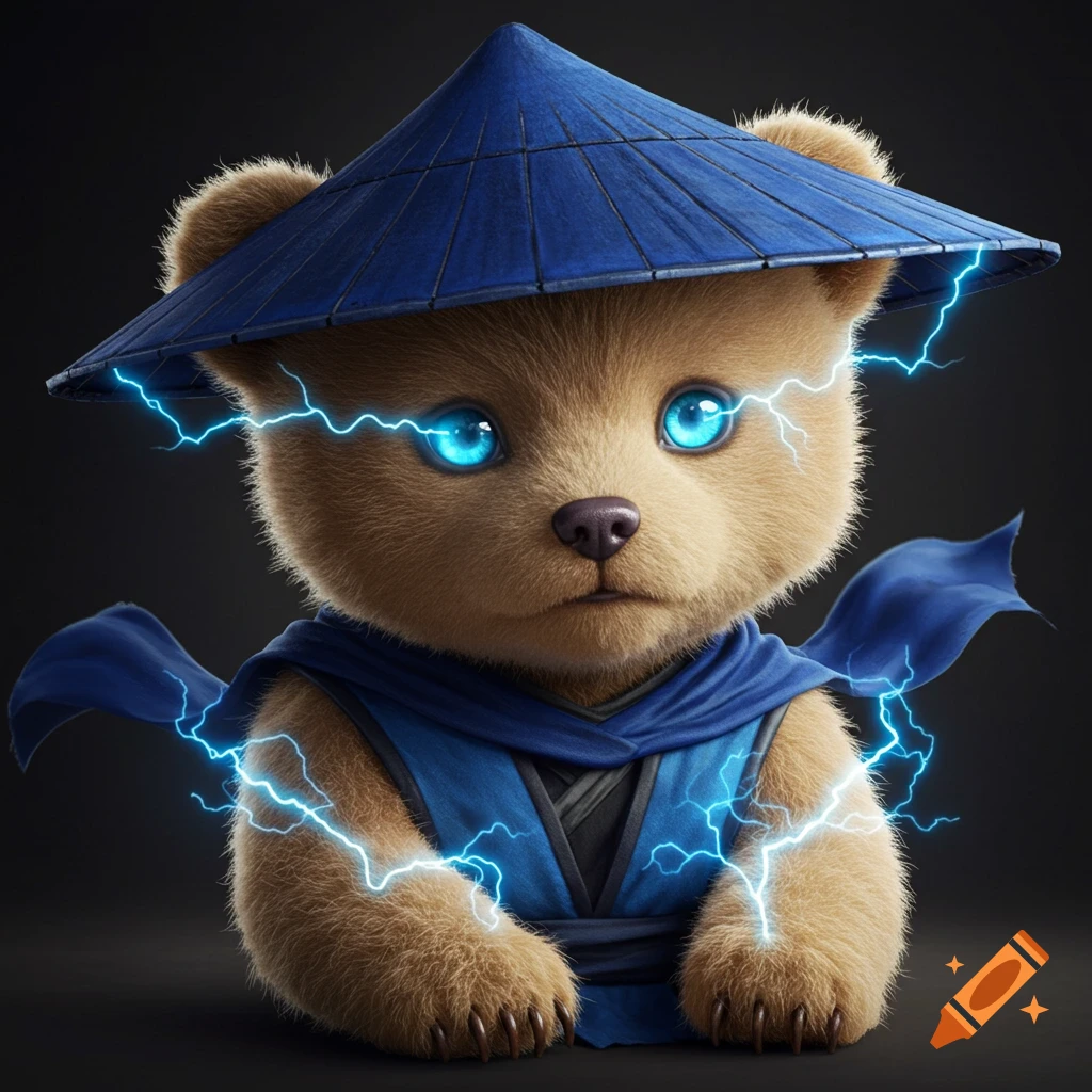 Fluffy beige teddy bear dressed as Raiden from Mortal Kombat, with a blue conical hat, blue cape, and blue lightning.