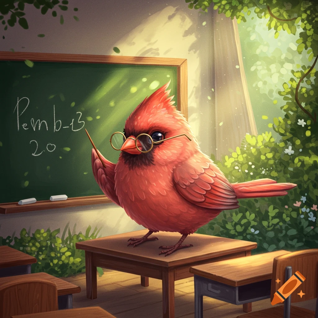 A cute cartoon red cardinal with glasses on a desk in a classroom points at a chalkboard.