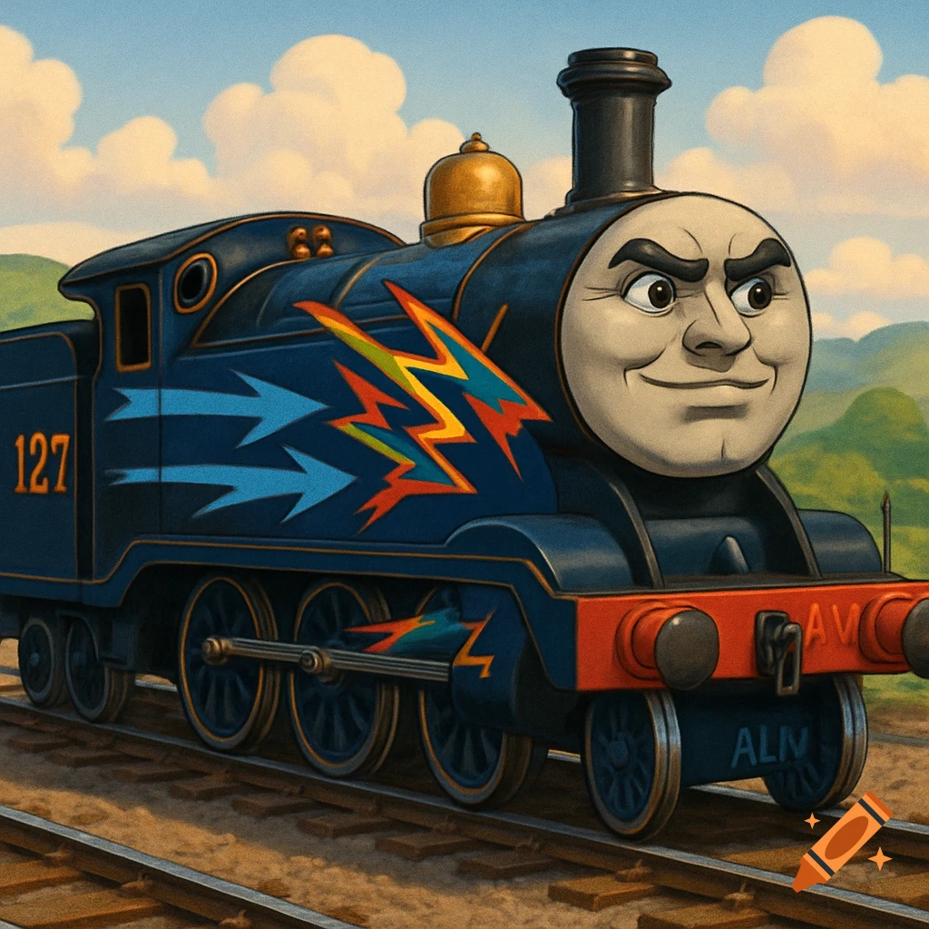 A navy blue cartoon superhero train with a mischievous face, number 127 on its side, and rainbow lightning bolt decals.