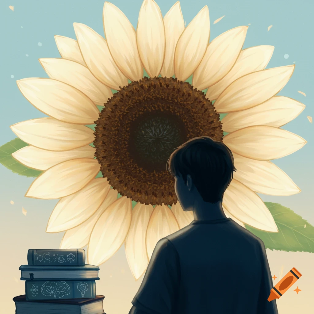 Digital art of a person seen from behind looking at a large sunflower, with a stack of books featuring abstract symbols beside them.