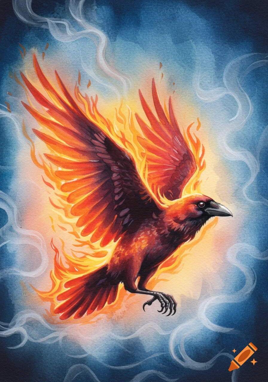 A watercolor illustration of a black crow with fiery orange and red flames engulfing its wings, flying against a blue sky with white smoke.