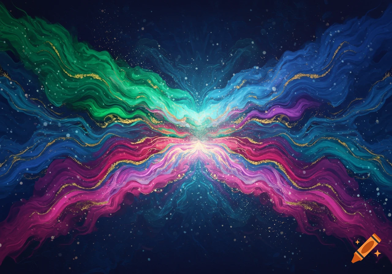 Vibrant abstract art with a central light burst, flowing waves of green, blue, purple, and pink, adorned with gold glitter on a dark background.