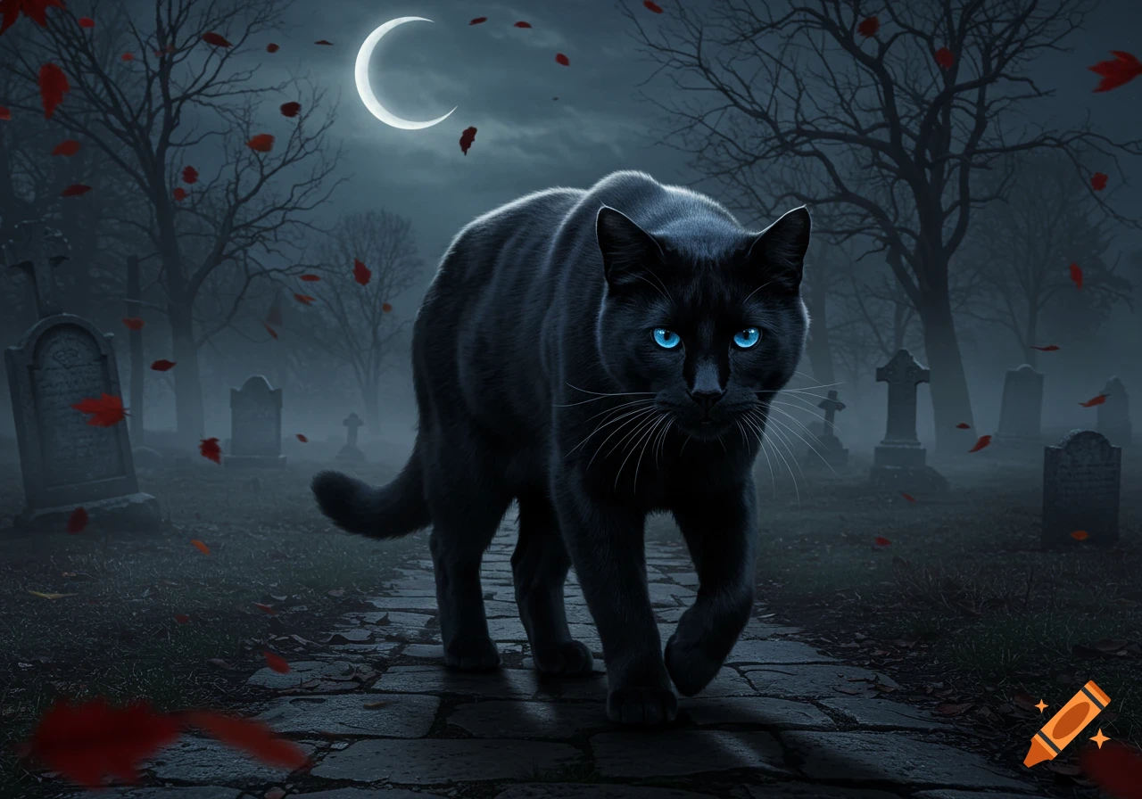 A black cat with glowing blue eyes walks on a cobblestone path in a foggy graveyard at night, under a crescent moon with red leaves falling.