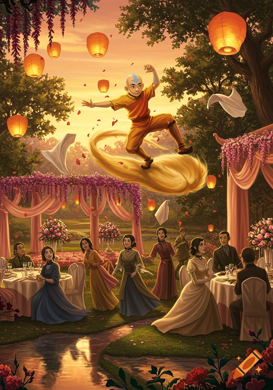 Aang from Avatar the Last Airbender, airbending over a vibrant outdoor wedding at sunset, scattering rose petals above surprised guests.