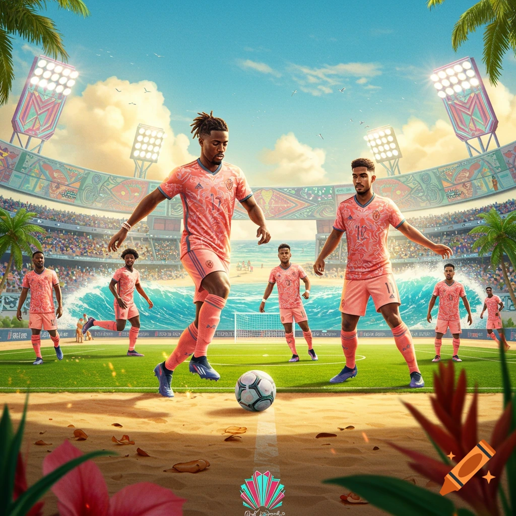 Football players in pink jerseys on a green field inside a vibrant tropical stadium with palm trees and ocean waves.