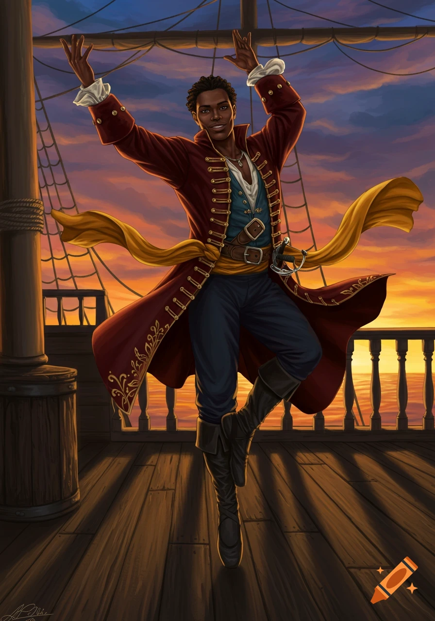 Painterly portrait of a Black male pirate in a red coat and yellow scarf, dancing ballet on a ship's deck at sunset.