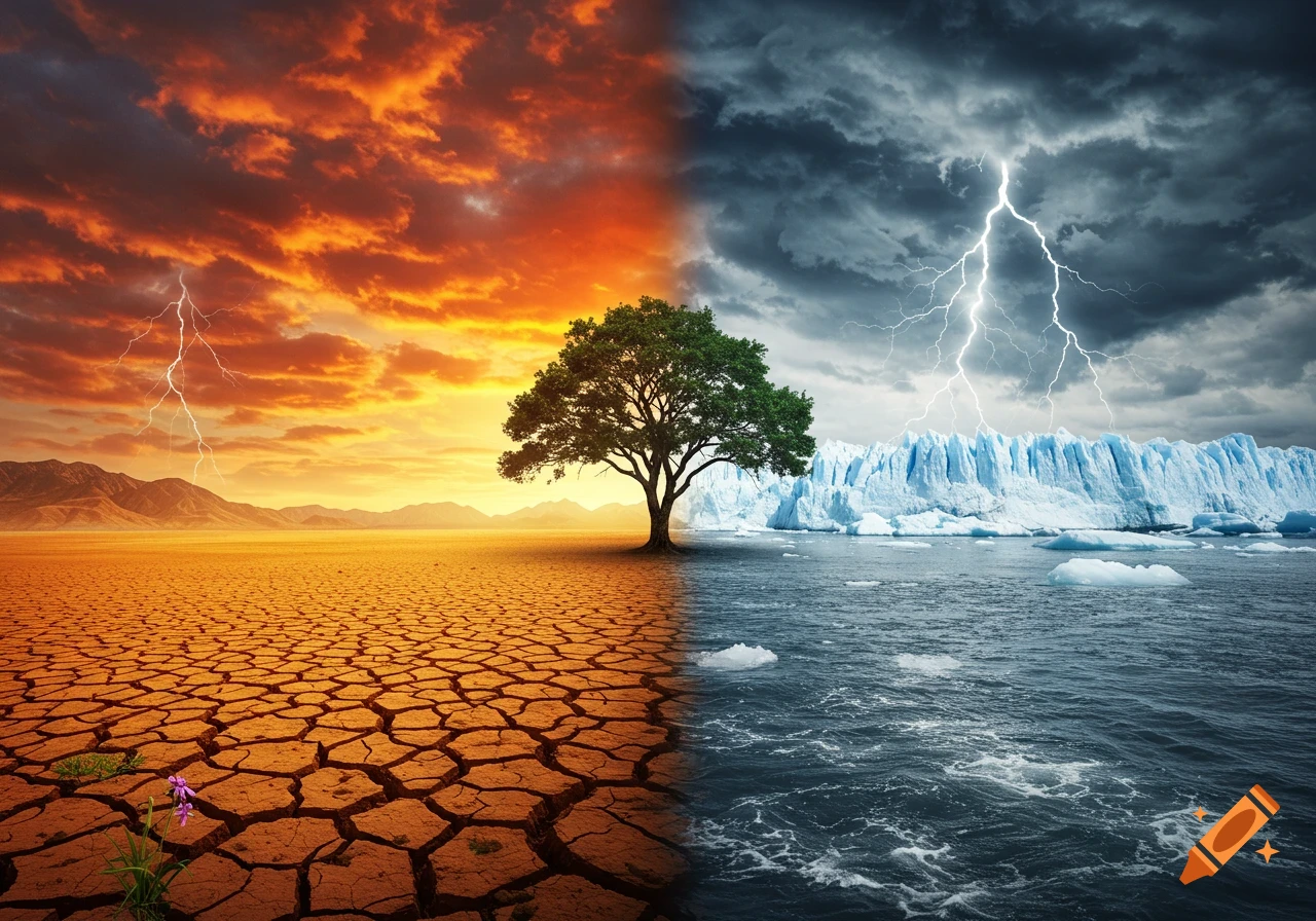 A conceptual image of climate change: a dry, cracked desert under an orange sky, juxtaposed with a stormy ocean and melting glaciers, a single tree in the center.