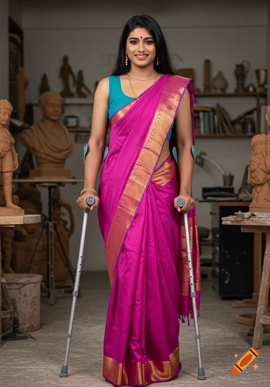 A smiling woman in a vibrant pink saree and teal blouse stands with crutches in a sculptor's studio, surrounded by various clay figures.